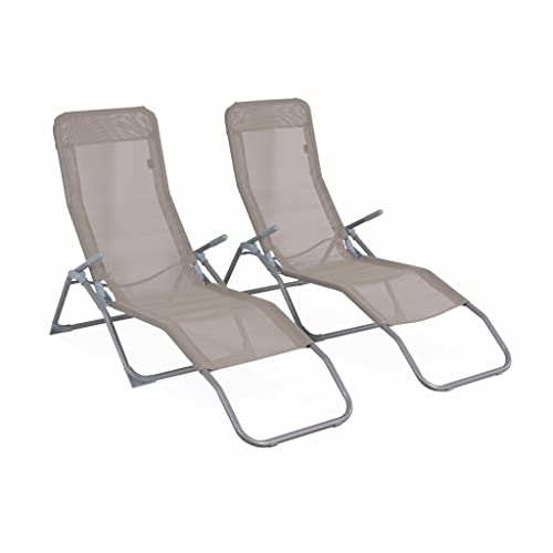 Alice's Garden - Lot de 2 Bains de Soleil pliants - Levito Taupe - Transats textilène 2 Positions. chaises Longues