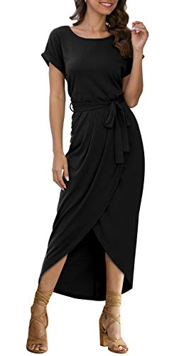 GRECERELLE Women's Short Sleeve Summer Dresses Elastic Waist Slit Casual Long Maxi Dress with Belt Black-Small