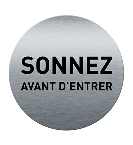 AUA SIGNALETIQUE - Plaque de porte Aluminium brossé imprimé AluSign Ø 85 mm - épaisseur. 3 mm - Double Face adhésif au dos (Sonnez)