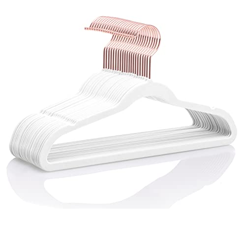 Image of MIZGI Kids Velvet Hangers,Non-Slip Big Kids Hangers,14 Inch Hangers for Youth,Teen Clothes,Pack of 50（White/Rosegold）