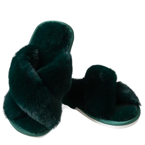 Image of Enteer Women's Slipper Memory Foam Cross Band Fuzzy Slippers Open Toe Cozy House Slippers Cozy Plush Bedroom Indoor Outdoor