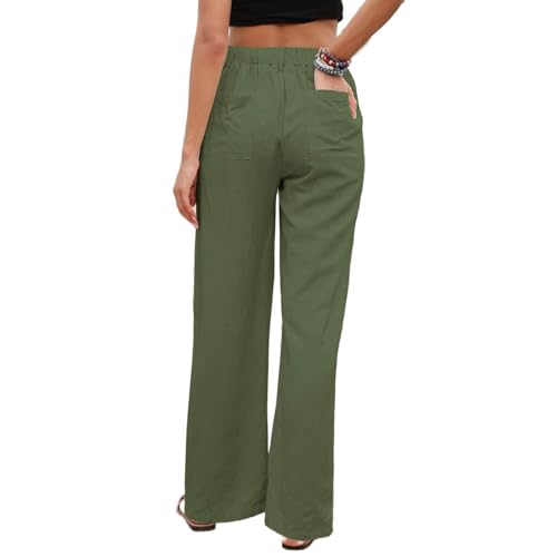 Womens Casual Wide Leg Pants Linen Straight Leg High Waisted Button Down Long Trousers Loose Palazzo Trousers Pockets2