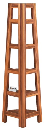 Image of Sheesham Wood Corner Shelf for Living Room Bedroom Home | 5 Tier Corner Bookshelf | Wooden Ladder Bookcase Display Unit (Honey Finish)