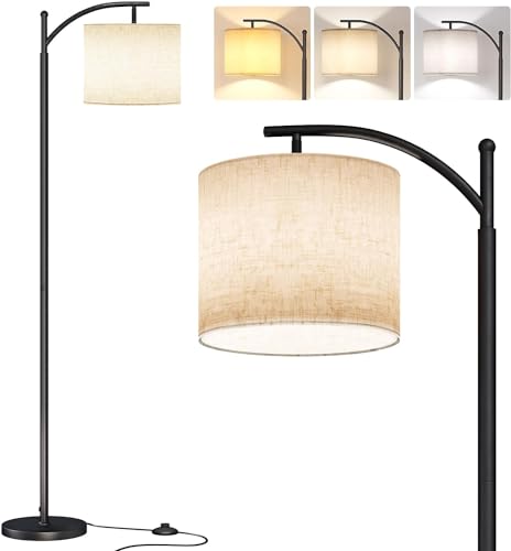 WAMBORY Floor Lamps for Living Room, Lantern floor lamp with 3 Color Temps,Classic Reading Light with Big Linen Lampshade,9W LED Bulb, Floor Lamps for Bedroom