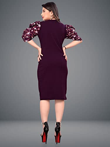 Image of KUDUZO Women's Black and Purple Lycra Fit and Flare High Low Knee Length Round Neck Floral Puff Sleeves S to 2XL Size Dress (SP-T3B6FPF97VRVW7YH)