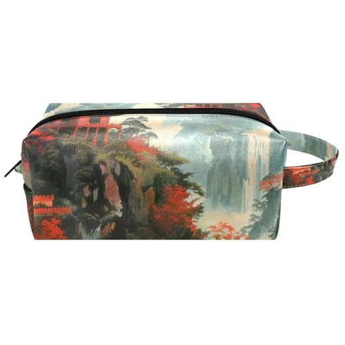 Neceser de viaje para mujer, bolsa de cosméticos de piel de microfibra para maquillaje, práctico organizador con cremallera, templo antiguo en la cima de la montaña, multicolor, 8.2x3.1x3.5 in/21x8x9