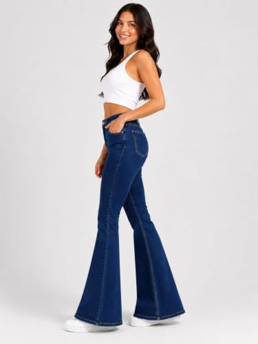 Image of Women's High Waist Bell Bottom Jeans | Flared Wide Leg Stretchable Denim Pants | Stylish Casual, Party & Everyday Wear | Denim Pant Suits | Bootcut Fit Design