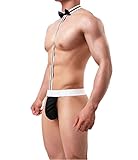 ITODA Tanga Slips Sexy Herren G-String Diener Erotisch Dessous Ouvert Mankini Thong Butler Kostüm mit Fliege String Männer Unterhose Erotik Reizwäsche Einteilig Nachtwäsche Stretch Clubwear Bodysuit