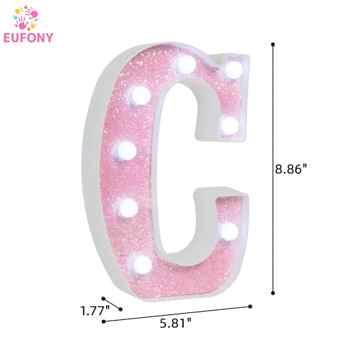 Image of Pink Glitter Marquee Light Up Letters, Battery Operated LED Letter Lights Signs for Pink Birthday Party Table Decorations, Wall Decor for Girls Bedroom, Initial Letter C with Cool White Lights