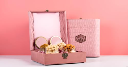 Image of Browntree Dry Fruits Gift Hamper Pink Fancy-4P (700g) |Cashewnut, Almond, Raisins & Pista | Premium Box with Glass Jars| Healthy Dry Fruit Box for Corporate Gifts & Festive Gifting | Ideal Gift box for All Celebration
