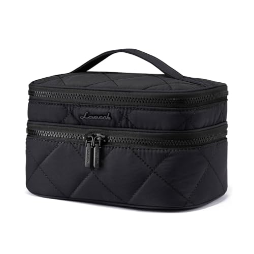 LOVEVOOK Travel Makeup Bag,Large Open Flat Tolietry Bag for Women,Waterproof Portable Cosmetic Pouch,Double Layer Quilted Makeup Bag Organizer With Handle,Travel Essentials,Gift for Her