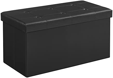 SONGMICS 30 Inches Folding Storage Ottoman Bench, Storage Chest, Footrest, Coffee Table, Padded Seat, Faux Leather, Holds up to 660 lb, Black ULSF105