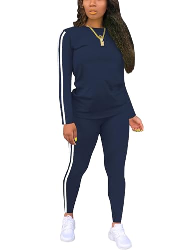 Two Piece Outfits For Women Casual Jogging Suit Sweatsuits Sets Matching Athletic Clothing Fashion Tracksuit Navy Blue L