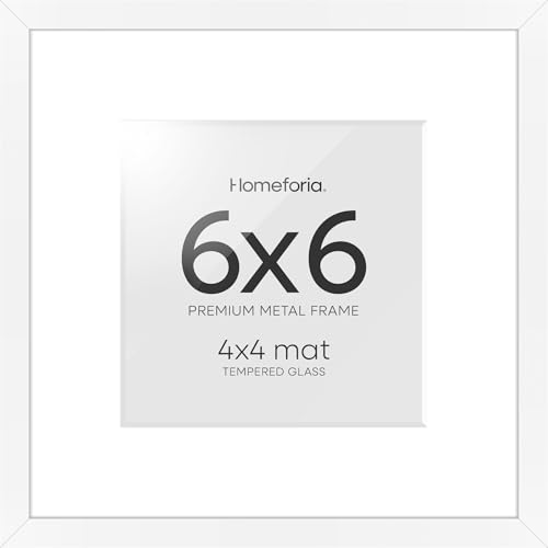 Image of Homeforia 6x6 White Picture Frame, High-End Metal, 4x4 Mat, Glass | High End Aluminum, Tempered Glass, Acid-Free 4x4 Removable Mat, 6x6 in Edge-to-Edge Display 6x6, Wall Kit, Set Of 1