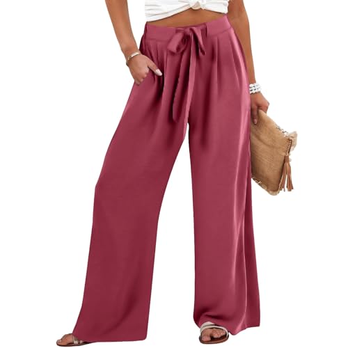 Palazzo Pants for Women Casual Cotton Linen Pants High Waisted Wide Leg Trousers Summer Lounge Pant with Belt Bow3
