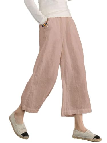Image of ECUPPER Womens Cotton Cropped Pants Loose Fit Wide Leg Trousers | Casual, Plus Size, Elastic Waist, Capri, 100% Cotton, Slant Pockets, High Rise Waist, Lounge Pants