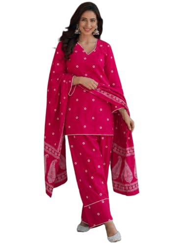 Image of ANNI DESIGNER Farshi Salwar Suit for Women | Cotton Blend Printed Straight Kurta with Dupatta | Farsi Farasi Parsi Ethnic Indian Office Party Wedding Clothing Fashion Premium Traditional Look 3 Piece