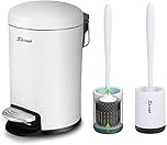 Skroad Round Step Trash Can with Silicone Toilet Brushes Set, Mini 3L Pedal Bins with Lids for Bathroom Toilet Bedroom Kitchen, White