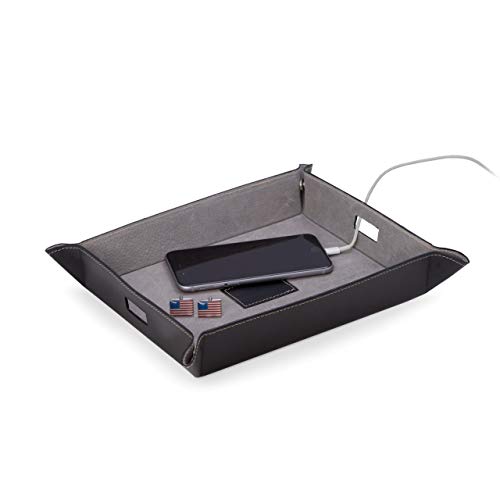 Bey-Berk Black & Gray Leather Snap Valet and Charging Station Organizer Large Tray - Thumbnail 2