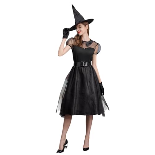 Miércoles Addams Vestido De Baile Rave'n Dance Disfraz Disfraz Chica Original Wednesday Vestido Largo De Manga Corta De Encaje Transparente Traje Adulto Malvado Bruja, A1 Negro, L