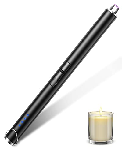 AJIJING Candle Lighters, Long Electric Lighters for Candle Rechargeable with LED Display, Arc USB Lighter with Triple Safety & Hanging Hook for Candles Camping BBQ & Fireworks (Zinc)