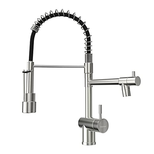 Robinet de Cuisine, Robinet Cuisine à ressort avec douchette à tirette, 2 modes de sortie d'eau rotation à 360 degrés, Robinet Mitigeur Cuisine chaud et froid en acier inoxydable (Nickel Brossé)