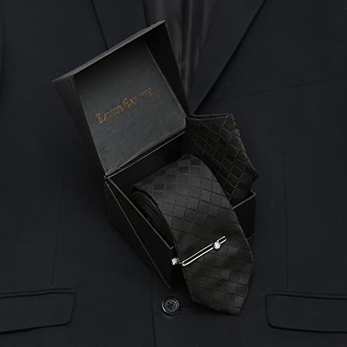 Image of LOUIS STITCH Mens Black Italian Silk Necktie Set Incl Pocket Square Chrome Tiepin American Style Formal Tie Gift Set for Men (TECPBL-#)