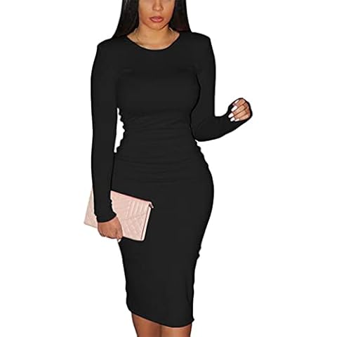 PRIMODA Women's Long Sleeve Bodycon Midi Dress Sexy Club Night Out Pencil Dress, Black, X-Large Cover