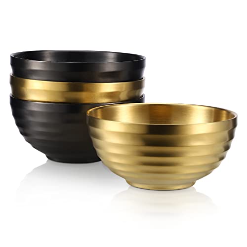 4er Edelstahl Schüsseln Doppelschicht Isolierte Nudelsuppe Schüssel Reis Schüssel Salat Schüssel Müslischalen, Schüsseln für Obst Getreide Snack Vorspeise, Geschirrspüler Sicher,14cm (Gold&Schwarz)