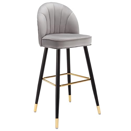 Silla de Bar Moderna de Piel sintética con Respaldo, Patas de Metal, Taburete Alto para Cocina, Isla, Comedor, Pub, Terciopelo Gris, 65 cm