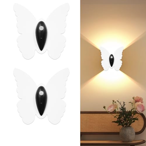 Image of Eneru Motion Sensor Wall Sconce Set of 2, Rechargeable Wall Lights, Indoor | 5000mAh Battery Operated Wall Sconces, Motion Activated, Magnetic Butterfly Night Light for Hallway Stair Closet Pantry,White