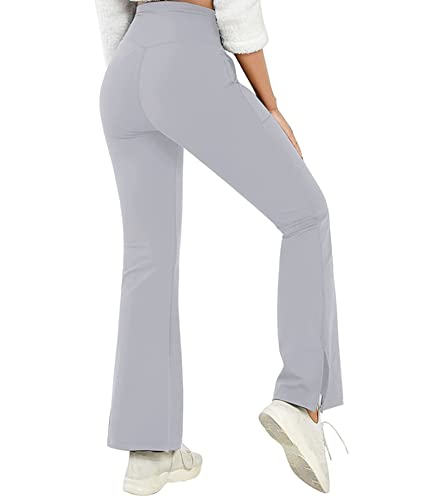 OTMYIGO Women Bootcut Yoga Pants Cross Waist Pocket Hem Slit Butt Lift Slim Trousers Legging for Women Work Pants,Light Gray,M