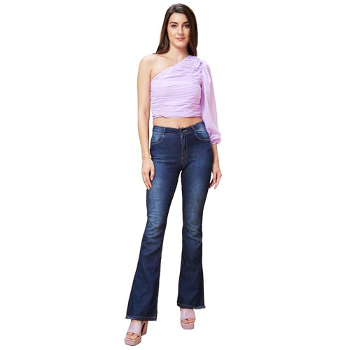 Image of Globus Women Lavender Solid One Shoulder Pleated Party Crop Top-3638307003