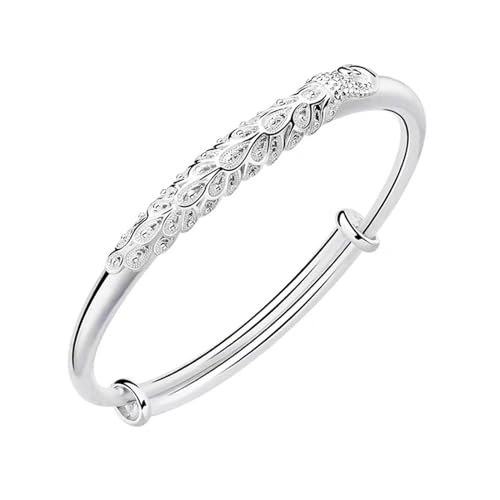 GAUEIOUR Sterling Silver Bangle Bracelets for Women, Peacock Pure Style Bracelet, Smooth Face Round Belly Push Pull Female Bracelet