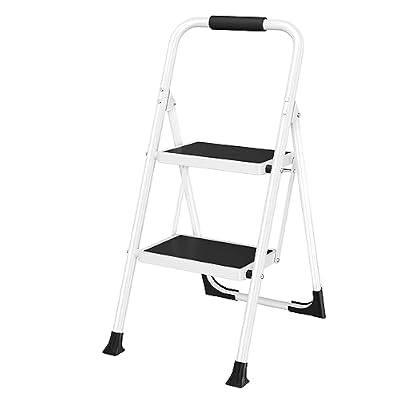 HBTower 2 Step Ladder, Step Stool for Adults,2 Step Ladder Folding Step Stool with Cushioned Handle,330 lbs Capacity,2 Step Ladder with Wide Anti-Slip Pedal Ergonomic Design,White