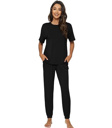 WiWi Pyjama-Set für Damen, Viskose aus Bambus, kurzärmelig, Loungewear, 2-teiliges Outfit, lange Hose, Jogginghose, Pyjama, S-XXL, Schwarz, M WiWi Pyjama-Set für Damen, Viskose aus Bambus, kurzärmelig, Loungewear, 2-teiliges Outfit, lange Hose, Jogginghose, Pyjama, S-XXL, Schwarz, M