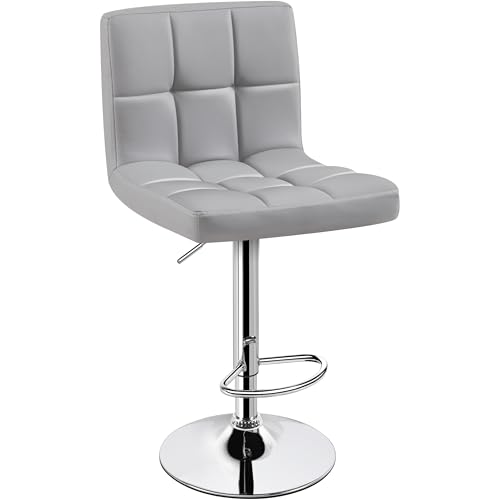 Image of Yaheetech Single Bar Stool, PU Leather Adjustable Barstools, Modern Counter Stools with Back and Footrest, Counter Height Barstools for Bar, Kitchen, Dining Room, Light Gray
