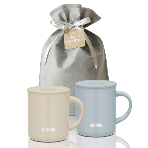 ザッカLab. 誕生日プレゼント 保温マグカップ ペアセット 350ml アッシュブルー×ベージュ ｜ バースデー ギフト ラッピング 包装 フタ付 マグ おしゃれ 贈り物の商品画像（Amazon）