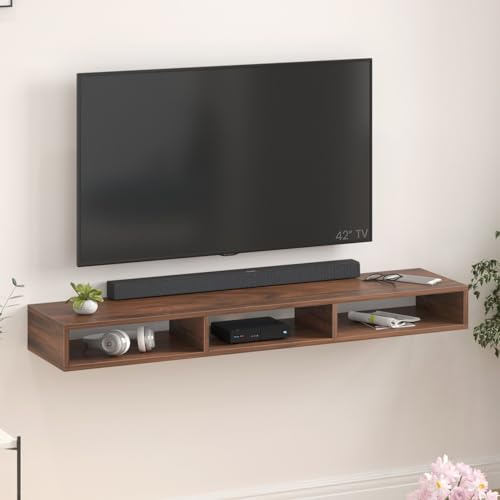 Image of BLUEWUD Primax Solo Standard Engineering Wood Wall Mount TV Entertainment Unit Set Top Box Stand /TV Cabinet Panel with Shelves for Books & Decor Display Unit, Ideal for 50 inch (Brown Maple)