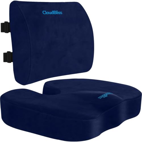 Image of CloudBliss Lumbar Support Pillow & Seat Cushion Set for Office Chair, Desk Chair, Wheelchair & Car-Memory Foam Back Support,Ergonomic Chair Cushions, Sciatica Pain Relief,Home Essentials(Blue,XL)