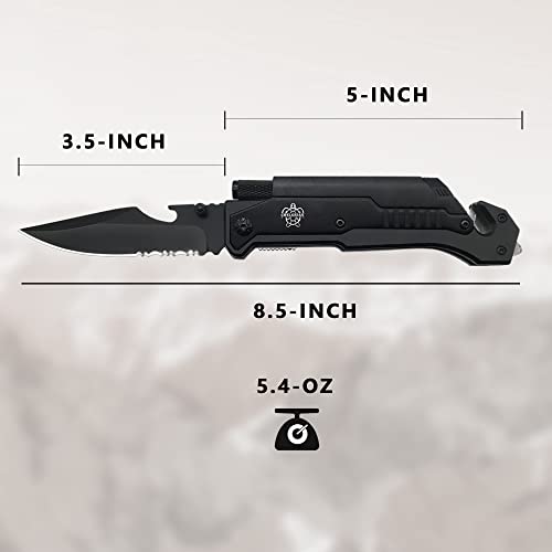 CHELONIAN 8.5" Military Outdoor EDC Camping Pocket Knife, 7 in 1 Multi-Function Folding Knives with Fire Starter LED Light Seatbelt Cutter Glass Breaker Bottle Opener Tactical Blade (Black)
