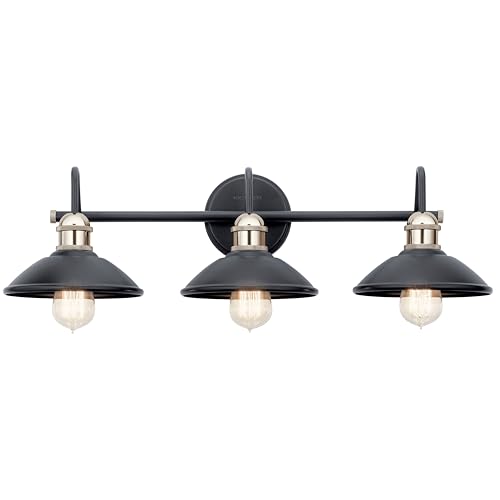 Image of Kichler Clyde 3-Light Bathroom Vanity Light Fixture with Vintage Industrial Design in Black Finish, Wall Mount Over Mirror Lighting for Bathroom (7.25 inch x 26.5 inch x 8.25 inch), 45945BK