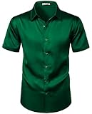 ZEROYAA Men's Hipster Shiny Silk Satin Shirt Short Sleeve Casual Button Down Dress Shirts for Summer Party ZZCL77-Emerald Green Large