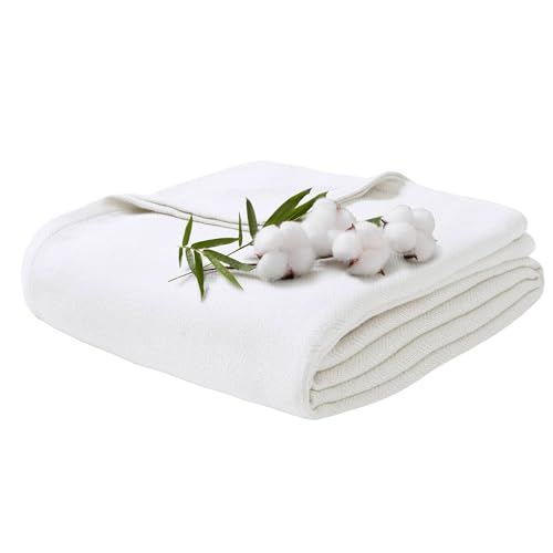 Twin Size Blanket, 70% Rayon (Derived from Bamboo) and 30% Cotton, Lightweight Jacquard Weave, Breathable and Soft Summer Blanket for Bed or Couch, 66” x 90”, White