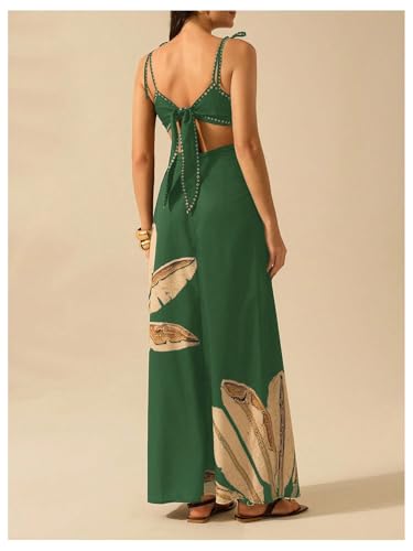 Image of SOLY HUX Women's Summer Maxi Dress Boho Print Tie Shoulder Spaghetti Strap Cut Out Tie Back Cami Dresses Sundress
