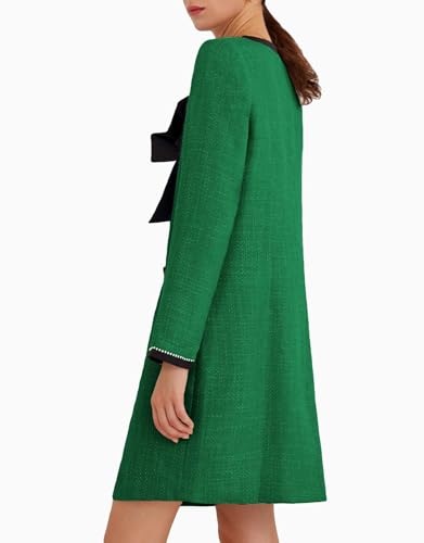 Women's Tweed Bow Mini Dress Long Sleeve V Neck Button Down Elegant Business Work Dress3