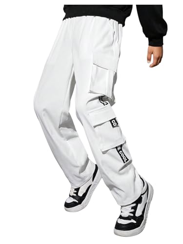 OYOANGLE Boy's Letter Graphic Print Cargo Pants Elastic Waist Straight Leg Outdoor Trousers