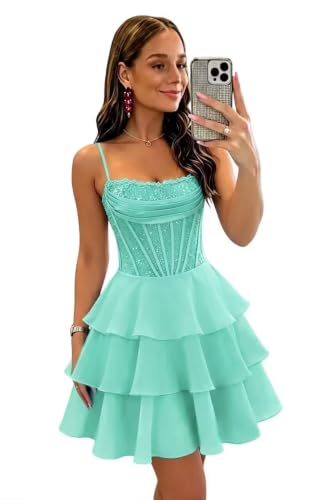 Tiered Homecoming Dresses 2026 Short for Teens Prom Dresses Cowl Neck Sparkly Sequin Cocktail Party Gowns,Turquoise,6