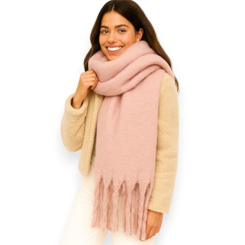 Ziona Damen Schal Winter XXL – kuschelig weich, breit & warm – mit Fransen, einfarbig, Herbst Accessoire aus 100% Viskose, 175 x 50 cm (Rosa)