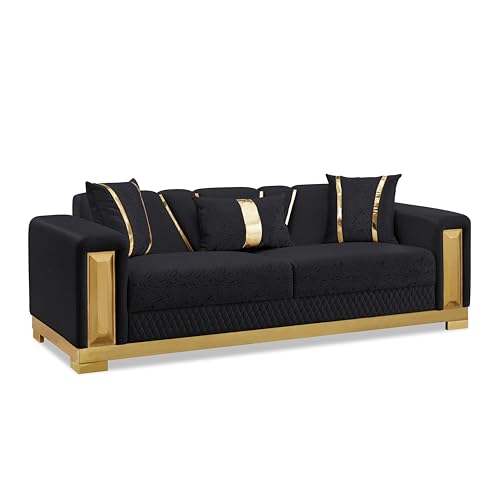 Image of Furniture of America Samison II Glam Solid Wood Upholstered Couch with Accent Pillows, Damask Pattern and Gold Base, Comfortable Sofa for Living Room, Bedroom, Office, Black
